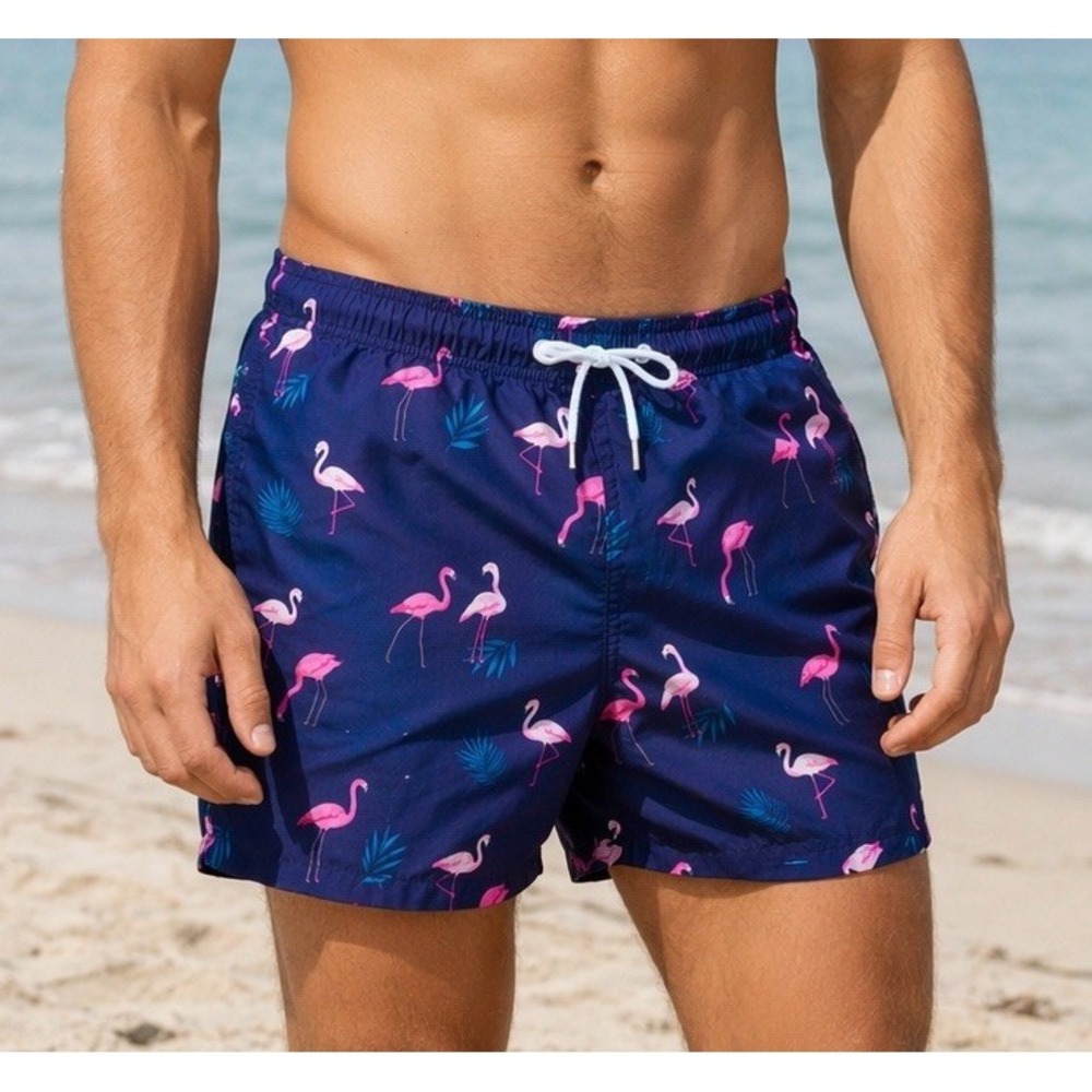 Hollister‎ Pink Flamingo Swim Trunks Shorts Mesh Lined Men's L Navy Bathing Suit